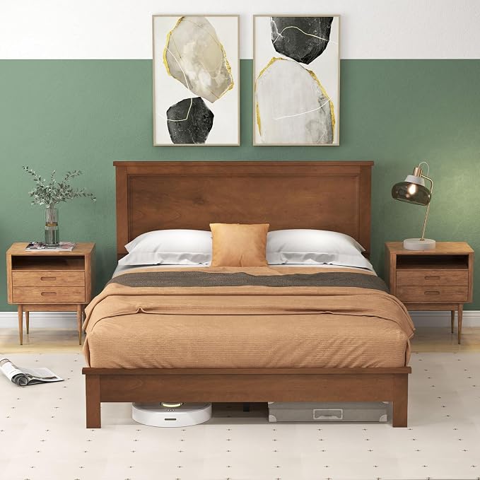 Giantex Wood Full Platform Bed Frame with Headboard, Mid Century Bed Frame with Solid Wood Legs & Wooden Slat Support, Pallet Bed Mattress Foundation, No Box Spring Needed