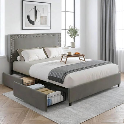 VECELO Full Size Upholstered Bed Frames with 4 Storage Drawers, Adjustable Velvet Rivet Decor Headboard, Wooden Slats Platform Support, No Box Spring Needed, Easy Assembly,Dark Grey