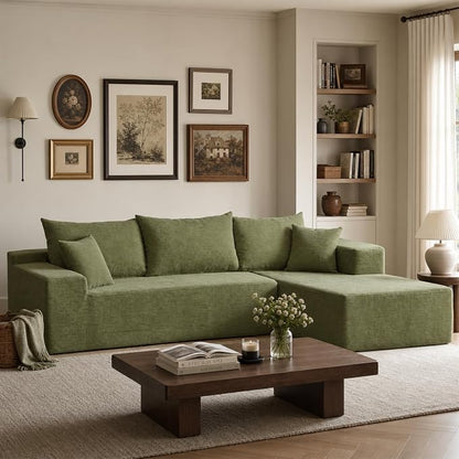 Boneless Couch, 102.4" Sectional Couches for Living Room with L Shape Sofa | Cloud Couch Sectional with Chaise, Modular Cloud Sofa with Deep Seat, No Assembly, Green, Corduroy, Right Chaise