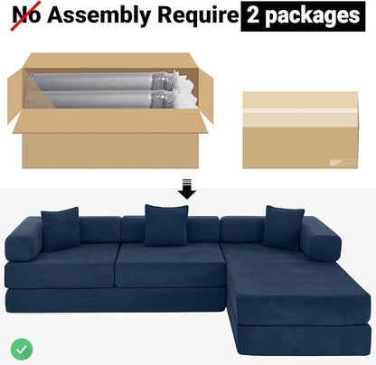 ivoros 108" Oversized Convertible Sleeper Sofa Bed, Corduroy L Shape Sectional Couch, Folding Sofa Bed with Fixed-Shape Frame, Modern Cloud Floor Mattress Couch, Modular Sofa for Living Room, Blue