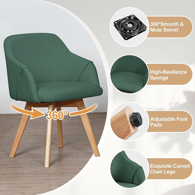 Swivel Dining Chairs Set of 4, Mid Century Modern Dining Chairs with Arms, Linen Fabric Upholstered Kitchen Dining Room Chairs with Solid Wood Legs for Living Room,360°Swivel Accent Desk Chair, Green