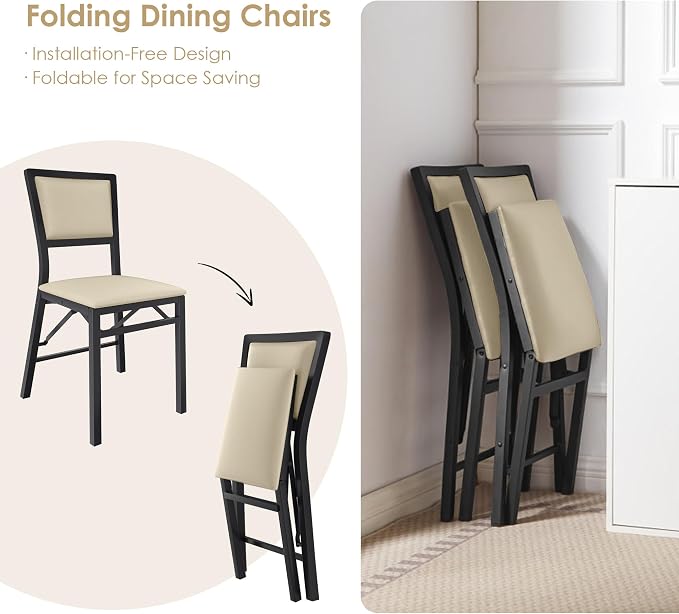 VECELO Folding Dining Chairs Set of 4, Metal Padded Foldable Seating with Comfortable Faux Leather, Space-Saving Portable Guest Seats for Kitchen & Office, No Assembly, Creamy Beige