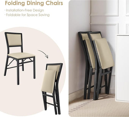 VECELO Folding Dining Chairs Set of 4, Metal Padded Foldable Seating with Comfortable Faux Leather, Space-Saving Portable Guest Seats for Kitchen & Office, No Assembly, Creamy Beige