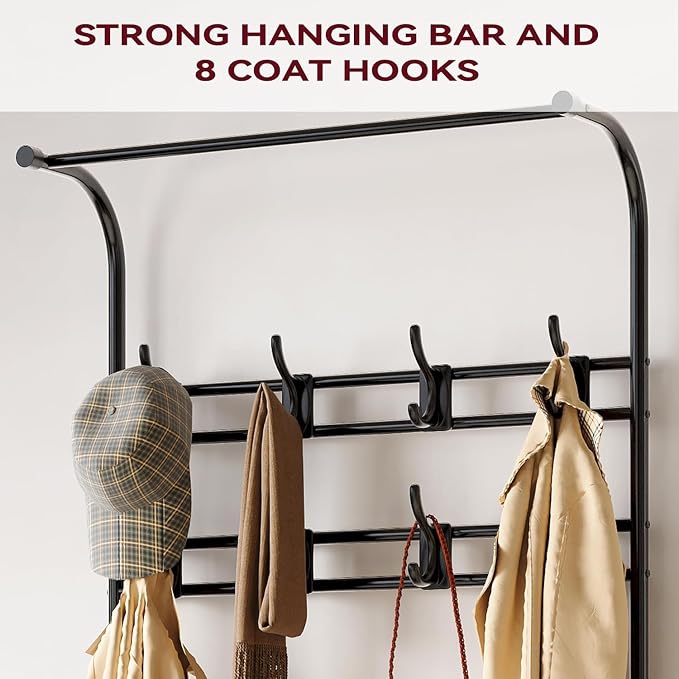 OUTLANE Hall Tree Shoe Bench for Entryway, Hall Tree with Bench and Shoe Storage, 4-in-1 Coat Rack Storage Bench with 8 Hooks, Freestanding Entryway Organizer for Hallway, Bedroom, Small Spaces, Grey