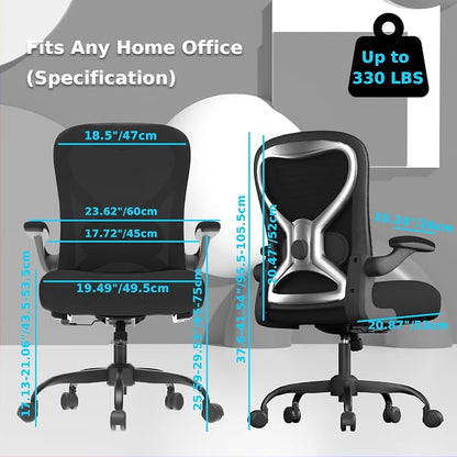 Ergonomic Home Office Chair – 4-Way Lumbar Support, 3.54" Extra-Thick Seat Cushion, Breathable Mesh Back, Flip-Up Arms, Swivel Computer Desk Chair for All-Day Sitting, 330LBS