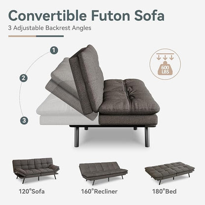 Futon Sofa Bed Convertible Couch, Grey Linen Sofa Bed with Memory Foam, Adjustable Backrest & Armrests, Multifunctional Small Loveseat Sleeper Sofa for Living Room, Apartment, Office