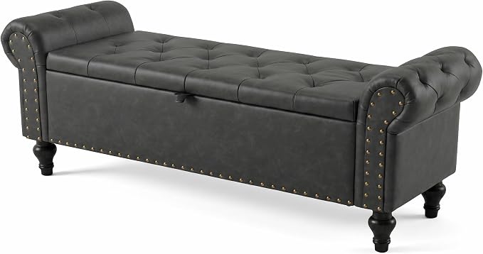 55" Storage Bench for Bedroom, Upholstered Ottoman Bench, Leather DarkGray | End of Bed Bench for Bedroom, Window Benches for Living Room, Entryway, Ottoman with Large Storage Space, Pet Friendly
