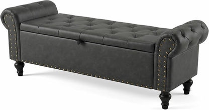 55" Storage Bench for Bedroom, Upholstered Ottoman Bench, Leather DarkGray | End of Bed Bench for Bedroom, Window Benches for Living Room, Entryway, Ottoman with Large Storage Space, Pet Friendly