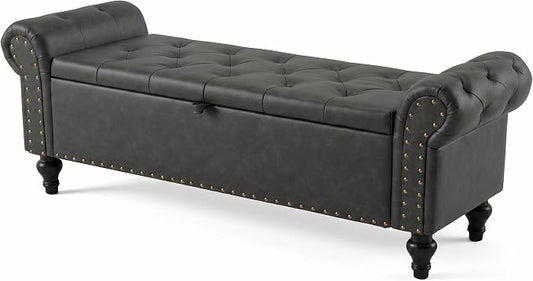 55" Storage Bench for Bedroom, Upholstered Ottoman Bench, Leather DarkGray | End of Bed Bench for Bedroom, Window Benches for Living Room, Entryway, Ottoman with Large Storage Space, Pet Friendly