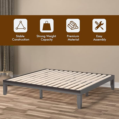 COSTWAY King Size Platform Bed Frame, 14 Inches Solid Rubber Wood Bed Mattress Foundation with Sturdy Slats Support, Easy Assembly Bed Frame for Home Hotel, No Box Spring Needed (Espresso, King)