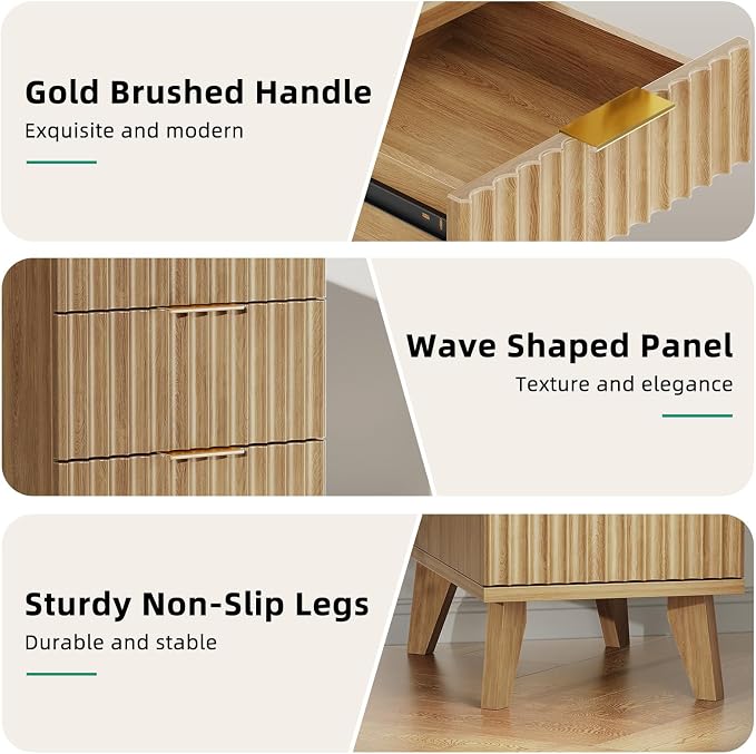 Kalrin Narrow Nightstand with Hidden Outlets & USB Ports, Modern Fluted Bedside Table with 3 Drawers, Engineering Wooden End Tables for Bedroom and Living Room(Natural Oak)