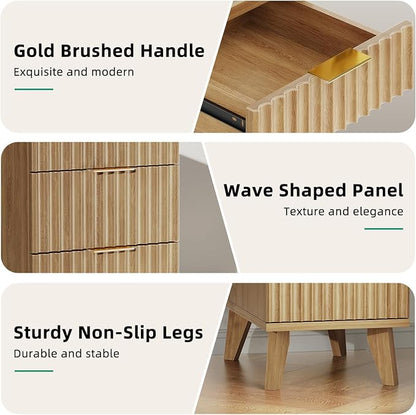 Kalrin Narrow Nightstand with Hidden Outlets & USB Ports, Modern Fluted Bedside Table with 3 Drawers, Engineering Wooden End Tables for Bedroom and Living Room(Natural Oak)
