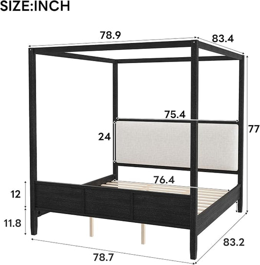Merax Queen Size Canopy Bed with Upholstered Headboard, Wooden Platform Bed Frame with 4-Posters, Solid Wood Slat Support, No Box Spring Needed
