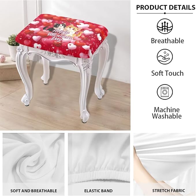 Red Covers for Bar Stool Seats Hearts Cats Foot Stool Covers Rectangular Valentines Decortaion Rectangle Stool Cover Stretch Seat Covers for Bar Stool Chairs