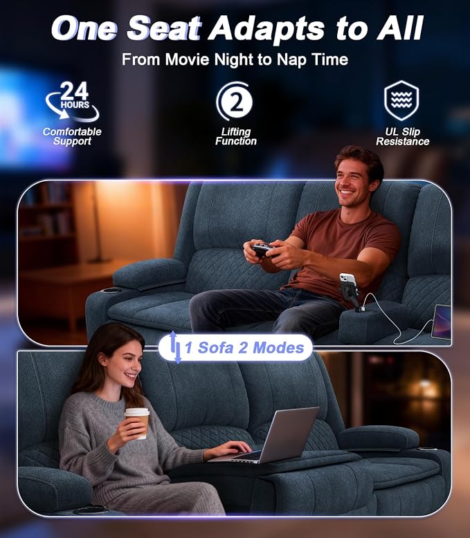 Power Loveseat Recliner Sofa, Removable Armrest 3 Seats Power Reclining Loveseat with Remote Liftable Console, Wall Hugger RV Theater Seating with Storage & USB & RGB (Fabric, Blue)