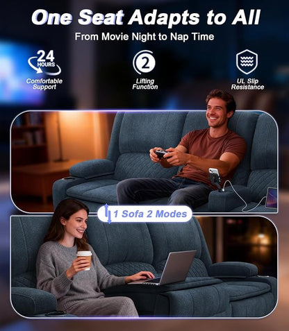 Power Loveseat Recliner Sofa, Removable Armrest 3 Seats Power Reclining Loveseat with Remote Liftable Console, Wall Hugger RV Theater Seating with Storage & USB & RGB (Fabric, Blue)