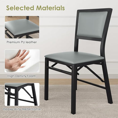 VECELO Folding Dining Chairs Set of 2, Metal Padded Foldable Seating with Comfortable Faux Leather, Space-Saving Portable Guest Seats for Kitchen & Office, No Assembly, Slate Grey