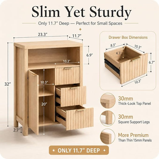 VINGLI Bathroom Storage Cabinet with 3 Drawers & Door, Slim Freestanding Floor Cabinet Organizer for Small Spaces, 30mm Thick-Look Top & Legs, Adjustable Shelf, Modern Fluted Cabinet, Natural Oak