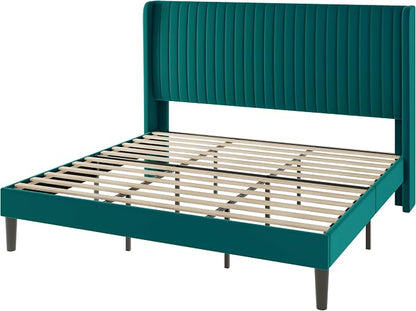 Allewie King Size Bed Frame/Velvet Upholstered Platform Bed/Vertical Channel Tufted Wingback Headboard/Strong Wooden Slats/No Box Spring Needed/Easy Assembly/Teal