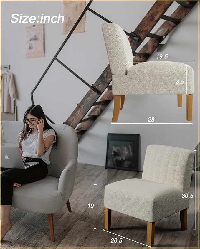 Armless Accent Chairs Set of 2 for Bedroom, Bedroom Chair for Bedroom Living Room Chair with Solid Wood Legs, Makeup Vanity Chair Fabric Comfy Upholstered Reading Chair Accent Chair,Beige