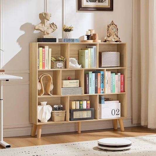LEYAOYAO 10 Cube Bookshelf,3 Tier Modern Wide Bookcase with Legs,Mid-Century Wood Bookshelves Storage,Light Wood Large Book Case,Freestanding Organizer Display Shelf for Bedroom,Living Room,Office