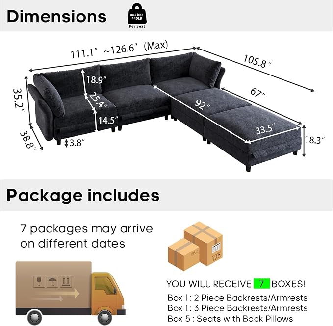 DreamDashio Oversized Sectional Sofa with Storage, Adjustable Arms & High Back, Modular Cloud Couches for Living Room, V Shaped 5 Seater, 5 Backrests & 5 Pillows, Dark Grey Chenille