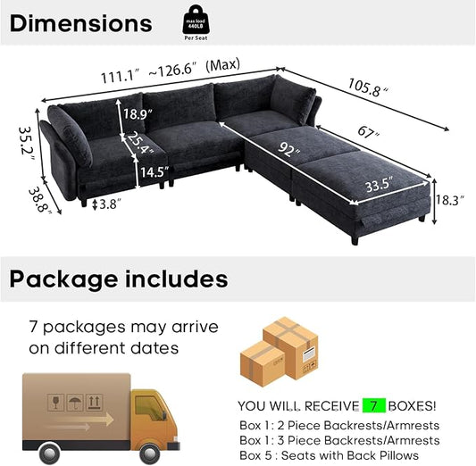 DreamDashio Oversized Sectional Sofa with Storage, Adjustable Arms & High Back, Modular Cloud Couches for Living Room, V Shaped 5 Seater, 5 Backrests & 5 Pillows, Dark Grey Chenille