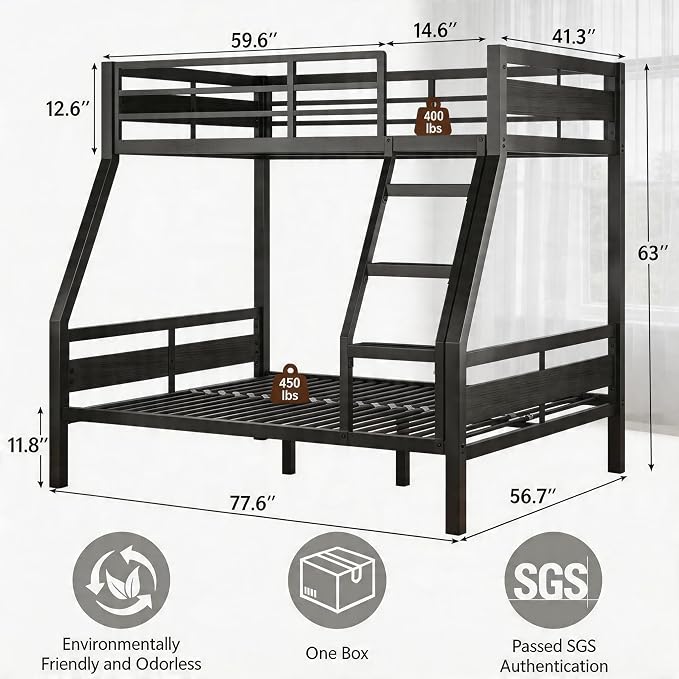 Einhomn Bunk Bed Twin Over Full, Heavy Duty Metal Bed with Ladder and Full-Length Guardrail, Large Under-Bed Storage Space, No Box Spring Needed, Noise Free, Black