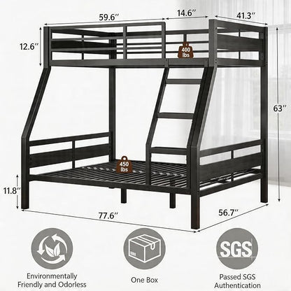Einhomn Bunk Bed Twin Over Full, Heavy Duty Metal Bed with Ladder and Full-Length Guardrail, Large Under-Bed Storage Space, No Box Spring Needed, Noise Free, Black