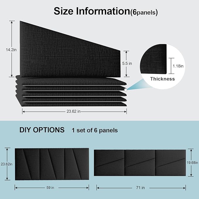Fabric Upholstered Wall Mounted Headboard for Queen Bed Panels: Stick-On Headboard in Matte Black - Soundproof Padding for Bedroom & Living Room (6 Panels)