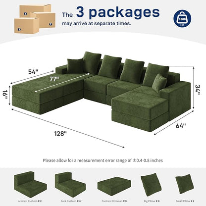 Living&Giving 128" U-Shaped Cloud Sectional Couch for Living Room, Cloud Boneless Couch-No Assembly with Reversible Chaise, Customizable 4-Seat Modular Sectional Sofa with 3 Ottoman, Green