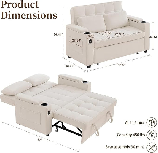 Korser 55.5'' 3-in-1 Convertible Sofa Bed, Pull Out Couch with 5-Position Adjustable Backrest, Loveseat Sleeper Sofa for Small Spaces, Sofa Couch with Cup Holders for Living Room, Office, Chenille