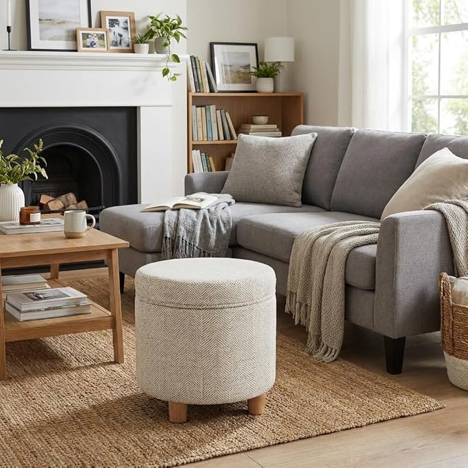 HomePop 19" Round Storage Ottoman - Cream Chevron Woven