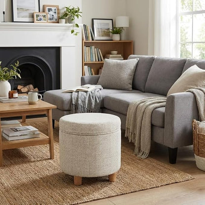 HomePop 19" Round Storage Ottoman - Cream Chevron Woven