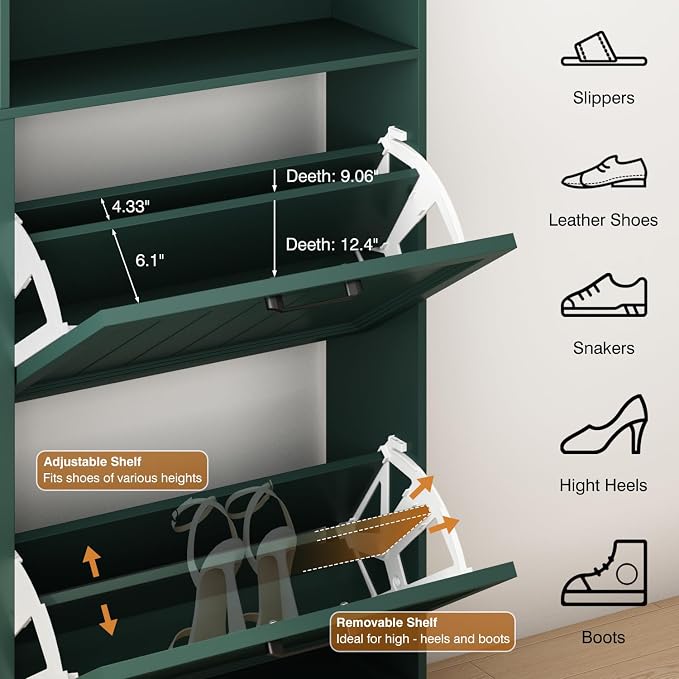 Shoe Storage Cabinet with 4 Flip Drawers, 47" W Farmhouse Modern Hidden Shoes Rack Cabinet with Adjustable Shelves & Open Storage, Narrow Slim Shoe Organizer for Front Door Entrance, Entryway, Green