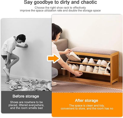 Entryway Storage Bench with Cushioned Seat Shoe Rack, 2-Tier Wooden Shoe Organizer Cabinet for Closet, Entryway, Hallway, Bedroom