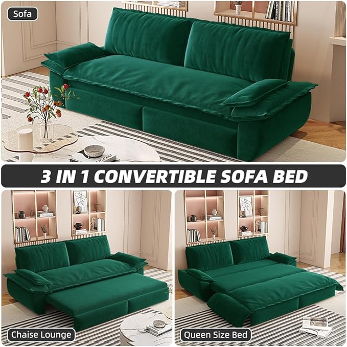 73.2" Sleeper Sofa Bed Queen, 3-in-1 Convertible Couch, Modern Pull Out Couches, Comfy Velvet Futon Sofa, Cloud Loveseat Lounge, Pillow Arm, for Small Spaces, Apartment, Living Room, Green