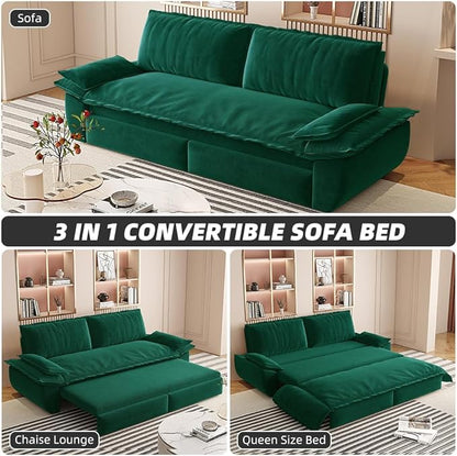 73.2" Sleeper Sofa Bed Queen, 3-in-1 Convertible Couch, Modern Pull Out Couches, Comfy Velvet Futon Sofa, Cloud Loveseat Lounge, Pillow Arm, for Small Spaces, Apartment, Living Room, Green