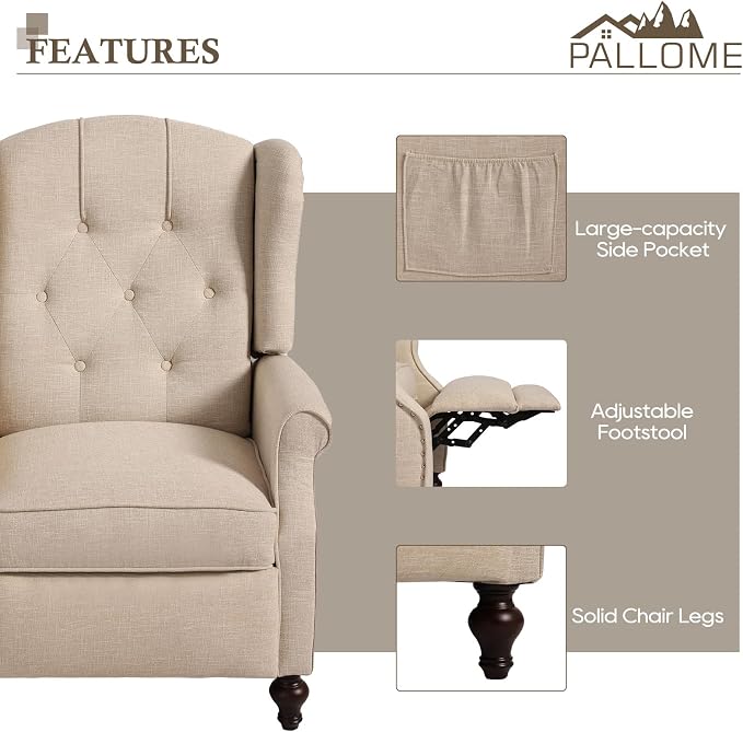 Wingback Recliner Chair with Massage and Heat Tufted Fabric Push Back Arm Chair, Recliner Chair for Living Room Bedroom Home Theater (2,Beige)