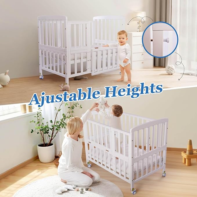 Flwrgirl Convertible Mini Baby Crib - Portable Bedside Bassinet with Mattress Included,5 Heights Baby Crib with Wheels for Newborns,Infant 0-18 Months,White