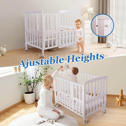 Flwrgirl Convertible Mini Baby Crib - Portable Bedside Bassinet with Mattress Included,5 Heights Baby Crib with Wheels for Newborns,Infant 0-18 Months,White