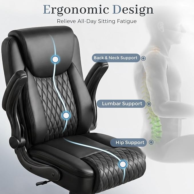GTPOFFICE Executive Office Chair with Comfortable Lumbar Support, Ergonomic Gaming Chair with Flip-up Armrests & Zoned Pressure-Relief Cushion, Comfy PU Leather Desk Chair, Black