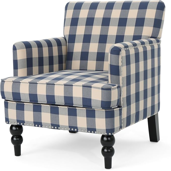Christopher Knight Home Eve Modern Upholstered Club Chair, Wooden Living Room Accent Chair, Comfy Bedroom Reading Chair, Multifunctional Armchair, Blue Checkerboard
