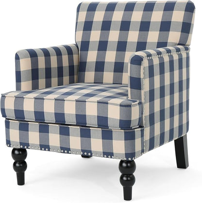 Christopher Knight Home Eve Modern Upholstered Club Chair, Wooden Living Room Accent Chair, Comfy Bedroom Reading Chair, Multifunctional Armchair, Blue Checkerboard