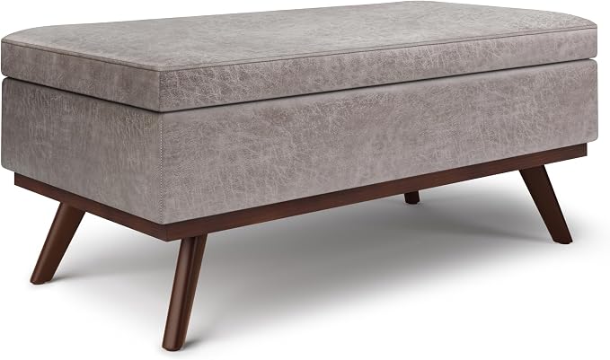 SIMPLIHOME Owen Lift Top Coffee Table Storage Ottoman - 42 inch Wide Upholstered Vegan Leather Rectangular Lift-Top Ottoman in Distressed Grey Taupe, Mid-Century Modern Ottoman for Living Room
