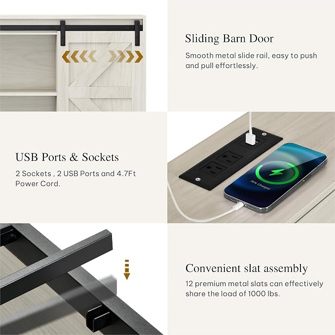 DWVO Farmhouse Queen Size Bed Frame with Storage Bookcase Headboard, Sliding Barn Door, 4 Storage Drawers, RGB LED Bed Frame with USB Charging Station, No Box Spring Needed, Antique White