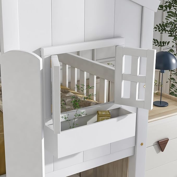 Twin over Twin House Bunk Bed with Roof,Windows,Door,Window Boxes,Safety Guardrails & Ladder,Pine Wood Frame,Low-Height Kids Bunk Beds for Bedrooms,Playful Loft Bed with Easy Assembly, White