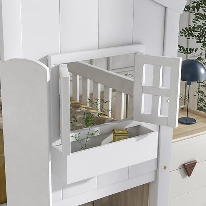 Twin over Twin House Bunk Bed with Roof,Windows,Door,Window Boxes,Safety Guardrails & Ladder,Pine Wood Frame,Low-Height Kids Bunk Beds for Bedrooms,Playful Loft Bed with Easy Assembly, White