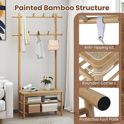 Giantex 3-in-1 Hall Tree with Bench and Shoe Storage, Bamboo Coat Rack Freestanding w/PE Rattan Bench, 11 Hanging Rods, 3 Tier Shoe Rack, Narrow Mudroom Storage Organizer for Entryway Bedroom,Natural