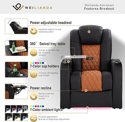Weilianda Home Theater Seating Top Grain Leather Zero Gravity Recliner Chair Power Headrest Recline Movie Seat Gaming 7 Colors Mood Light Sofa with Tray Table Row of 2 Loveseat Black Camel